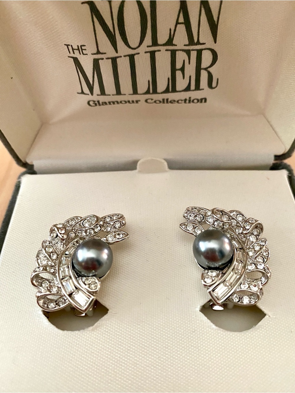 Nolan Miller Estate earrings: gray faux pearl & clear rhinestones, original box
